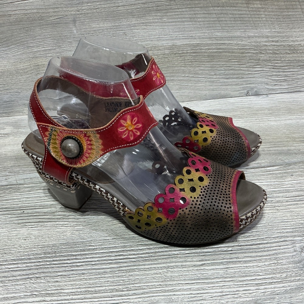 Women's Spring Step Jacinta Bohemian Artsy Red Straps Tweed Sandals Heels 40-9